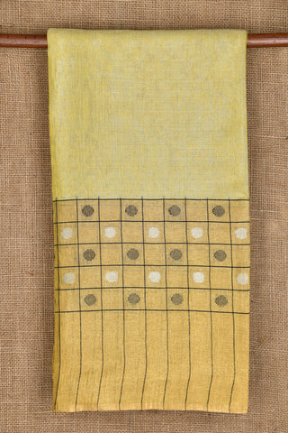Gold And Silver Tissue With Checks And Polka Dots Border Soft Yellow Plain Linen Cotton Saree