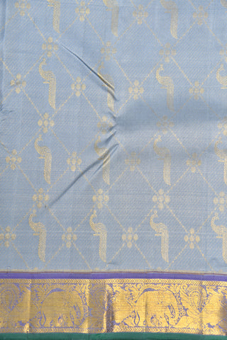 Traditional Zari Border With Geometric Pattern And Peacock Butta Powder Blue Kanchipuram Silk Saree