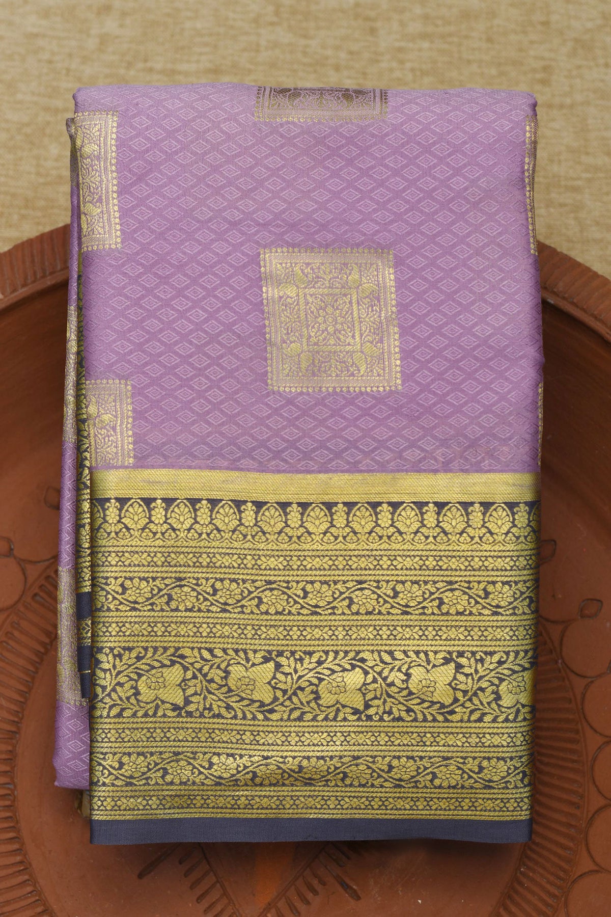 Floral Zari Border With Square Box Buttas Lavender Mysore Silk Saree