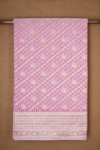 Diagonal Pattern Floral Design Orchid Pink Banarasi Cotton Saree
