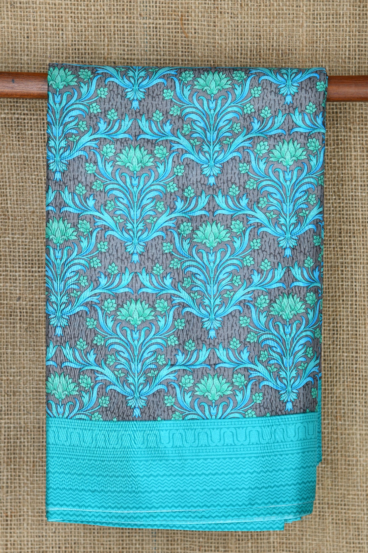 Floral Design Grey And Blue Printed Silk Saree
