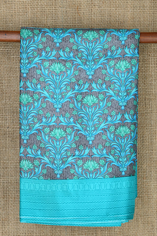 Floral Design Grey And Blue Printed Silk Saree