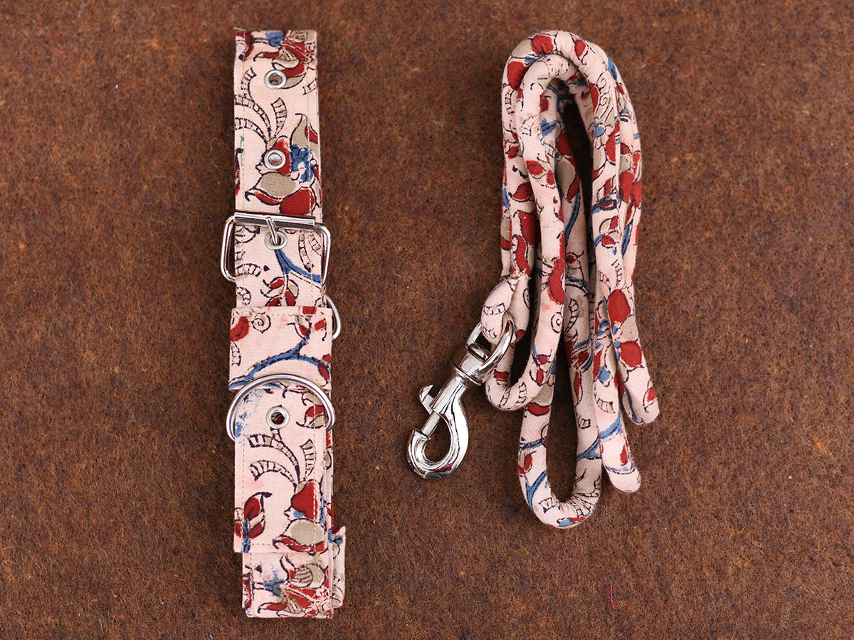 Cream Color Kalamkari Cotton Dog Collar With Rope Set