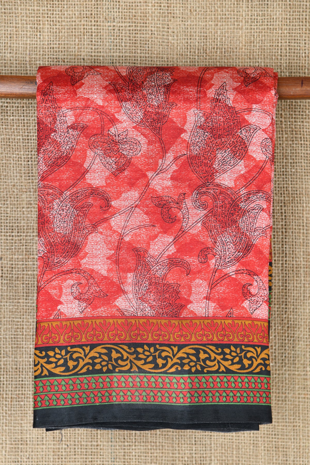 Paisley Floral Design Digital Printed Crimson Red Raw Silk Saree
