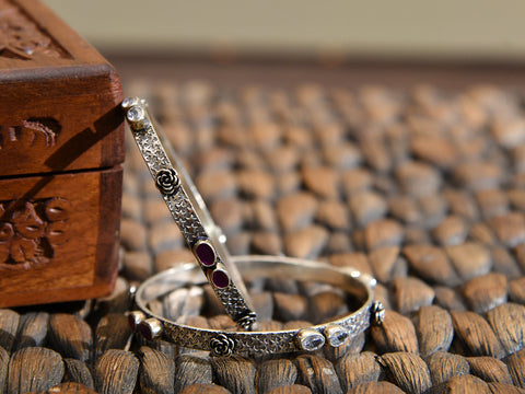 Floral Design With White And Purple Stones Pure Silver Bangles