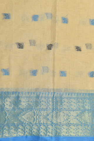 Contrast Zari Border Thread Work Paisley Buttis Ivory Bengal Cotton Saree