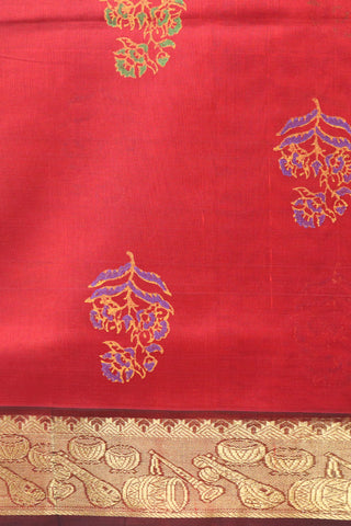 Musical Instruments Zari Border With Paisley Floral Butta Crimson Red Silk Cotton Saree