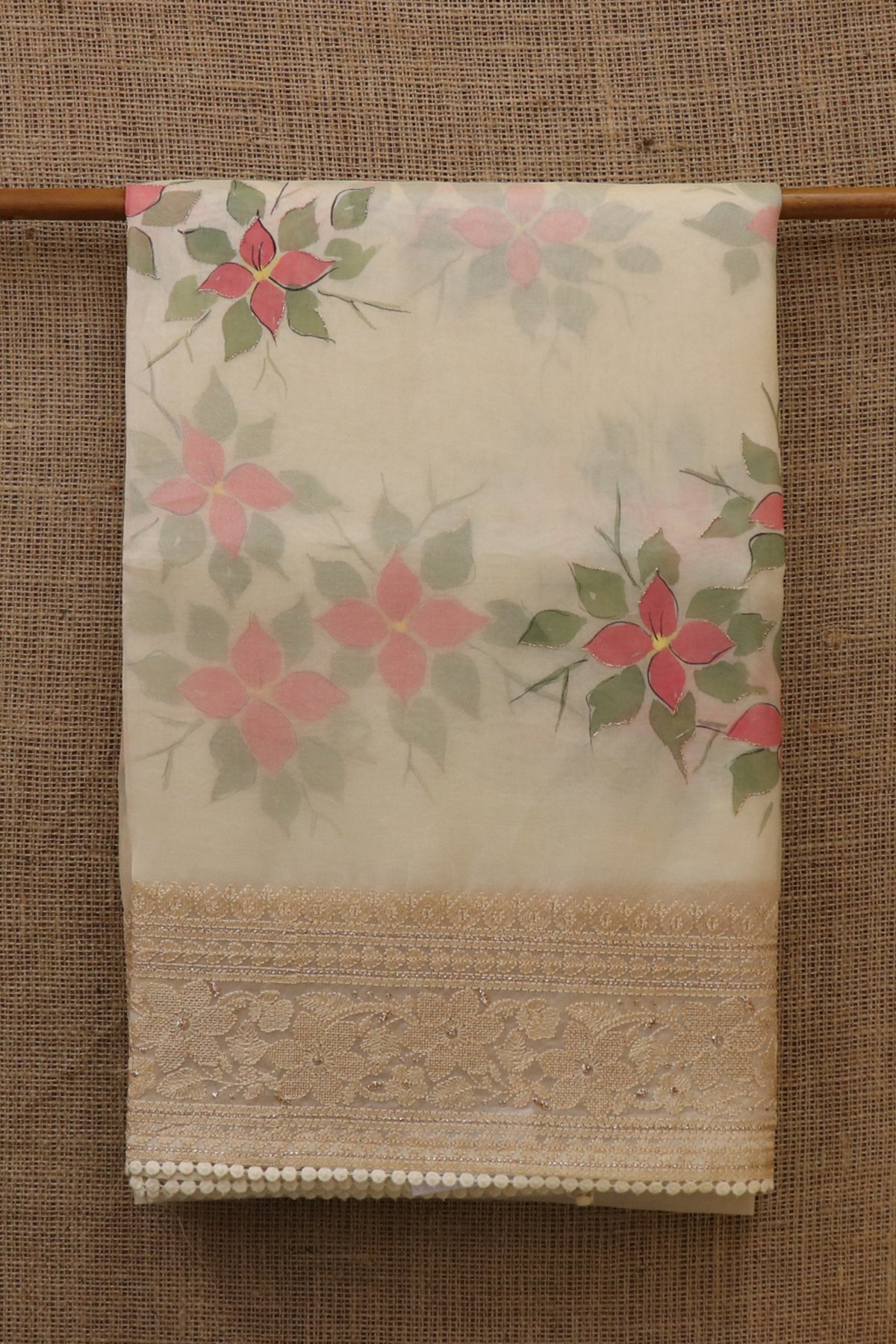 Embroidered Border With Botanical Design Ivory Organza Saree