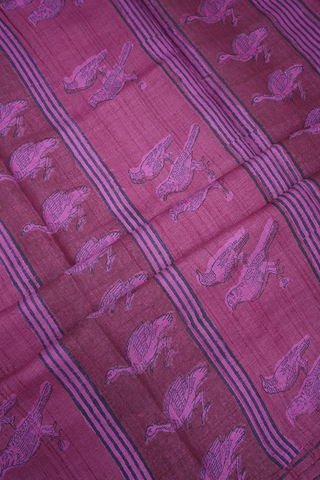 Allover Birds Printed Mulberry Pink Tussar Silk Saree