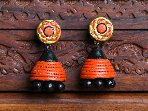 Handicraft Wooden Black And Orange Jhumkas
