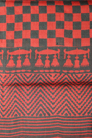 Grey Checks Printed Red Tussar Saree