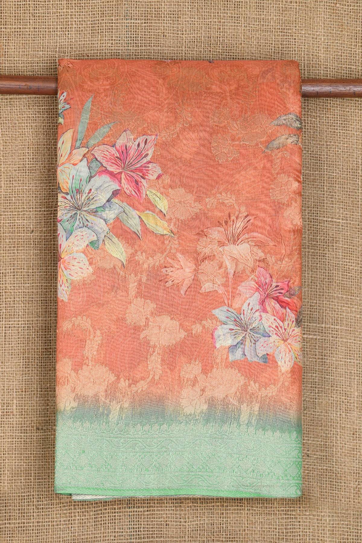 Contrast Border With Floral Digital Printed Orange Semi Linen Silk Saree