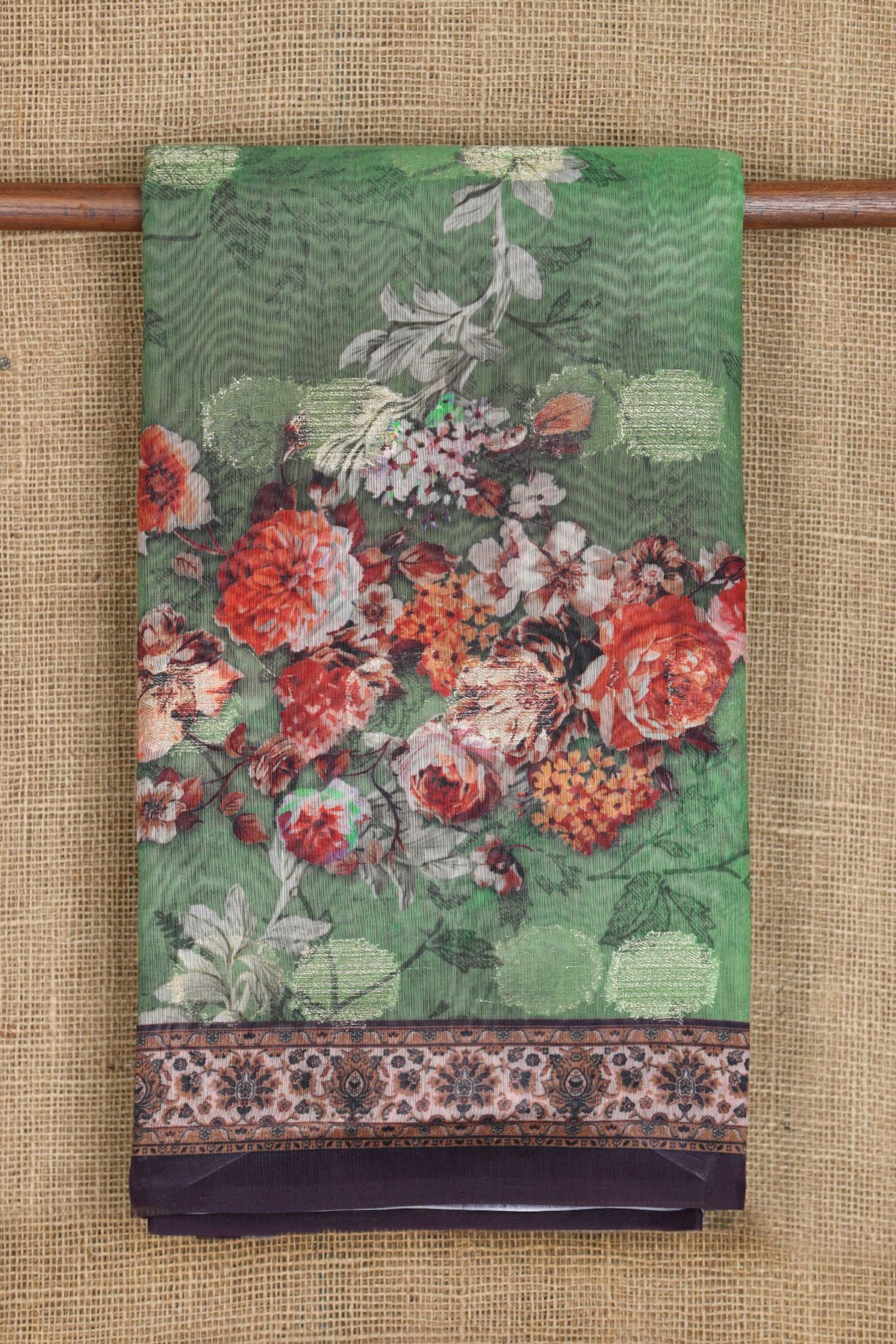 Small Border With Floral Digital Printed Fern Green Semi Linen Silk Saree