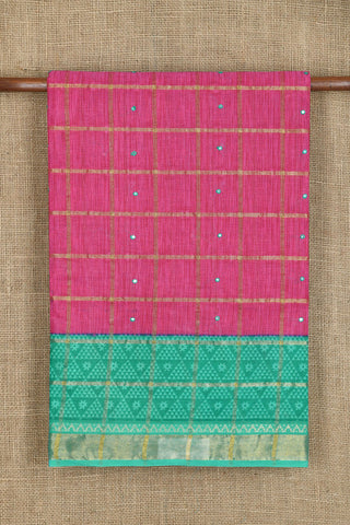 Contrast Zari Border With Checks And Work Magenta Pink Batik Printed Ahmedabad Cotton Saree