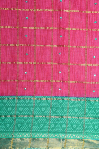Contrast Zari Border With Checks And Work Magenta Pink Batik Printed Ahmedabad Cotton Saree