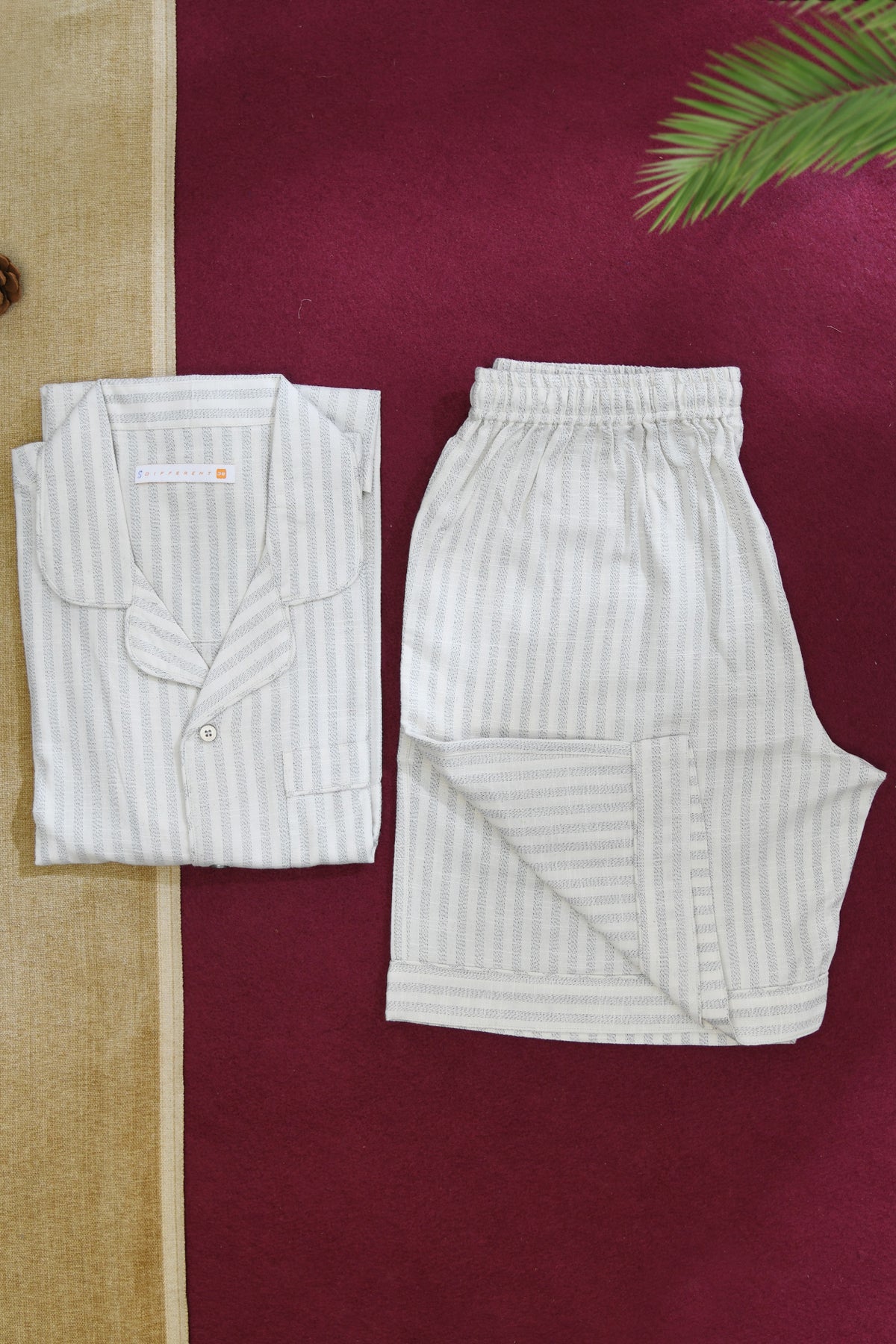Camp Collar Shirt And Shorts Set In Stripes Off White Cotton Mens Night Suit