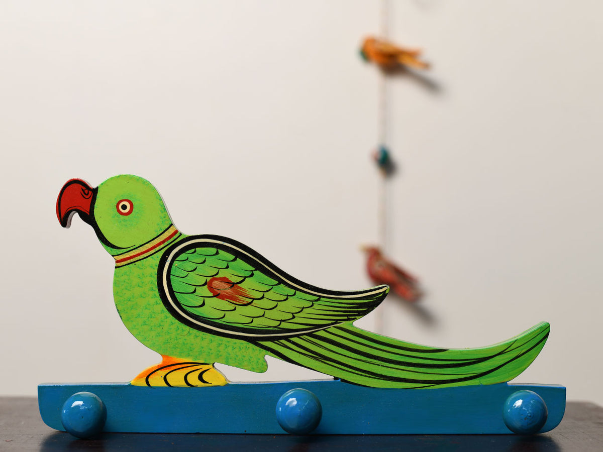 Handcrafted Wooden Parrot Green Wall Hanger With 3 Hooks