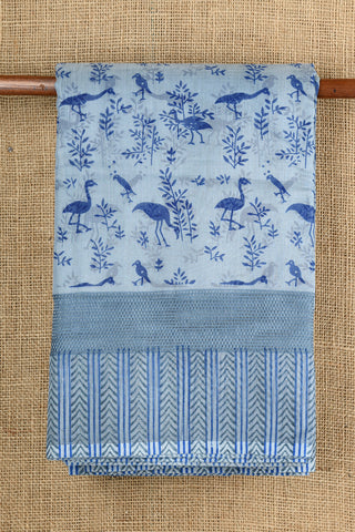 Arrow Border With Allover Birds Printed Slate Blue Semi Kota Cotton Saree