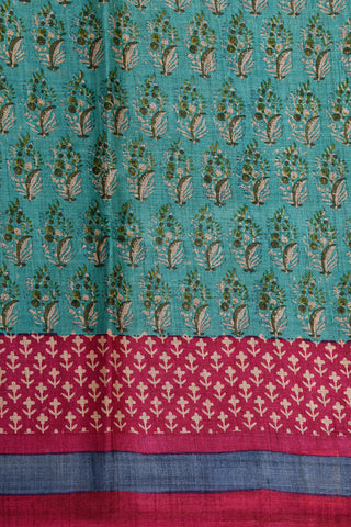Contrast Border With Paisley Floral Printed Teal Green Tussar Silk Saree
