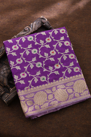 Floral Zari Border With Meenakari Work Creepers Design Purple Banaras Silk Saree