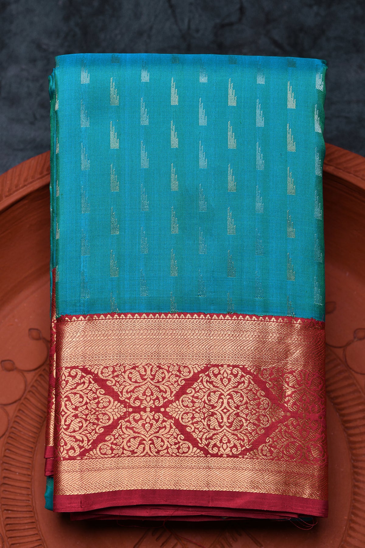 Contrast Border With Gold And Silver Buttis Turquoise Blue Kanchipuram Silk Saree