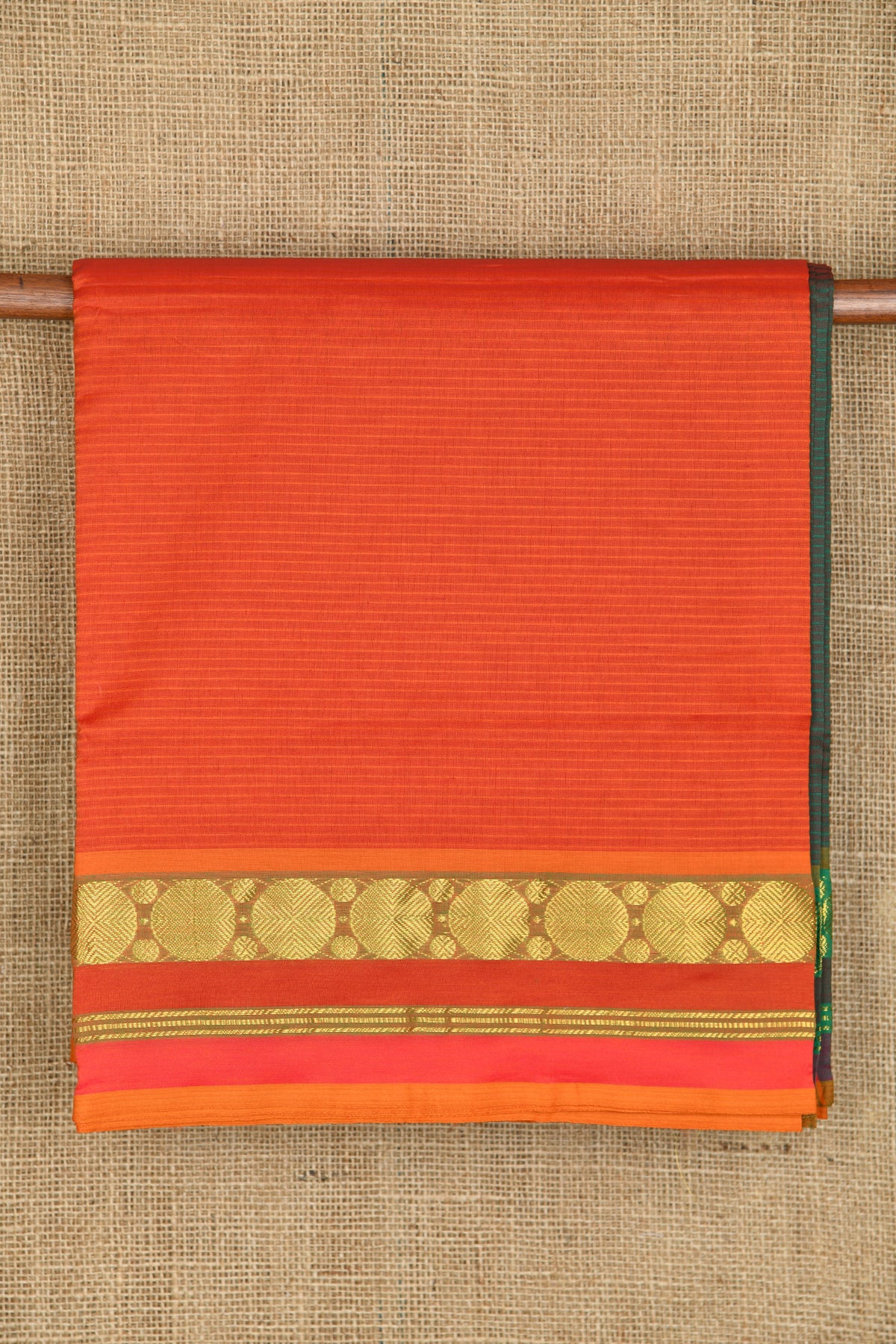 Rudraksh Design Zari Border With Stripes Body Tiger Orange Poly Cotton Saree