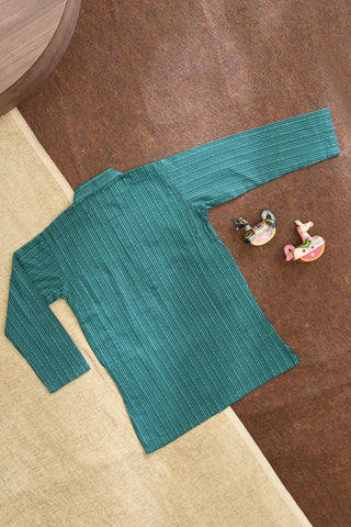 Chinese Collar Closed Placket With Dobby Weave Forest Green Cotton Kurta