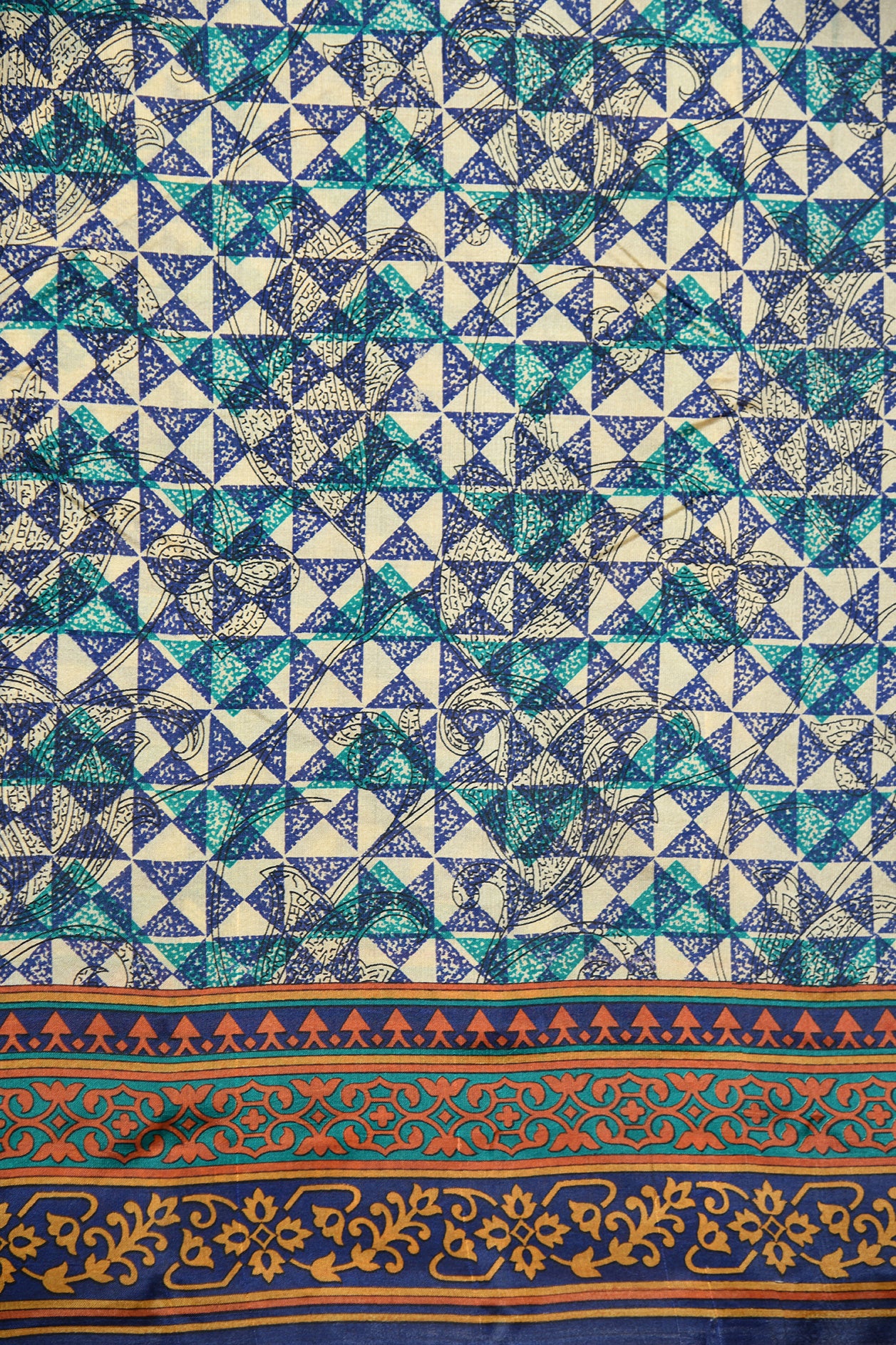 Geometric And Floral Design Digital Printed Indigo Blue Raw Silk Saree