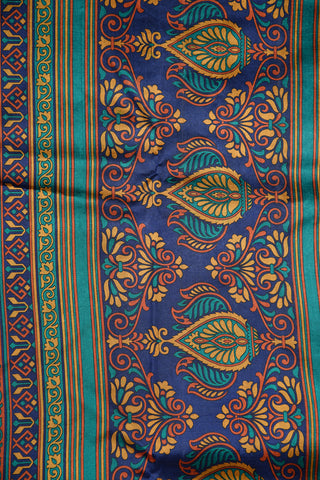 Geometric And Floral Design Digital Printed Indigo Blue Raw Silk Saree
