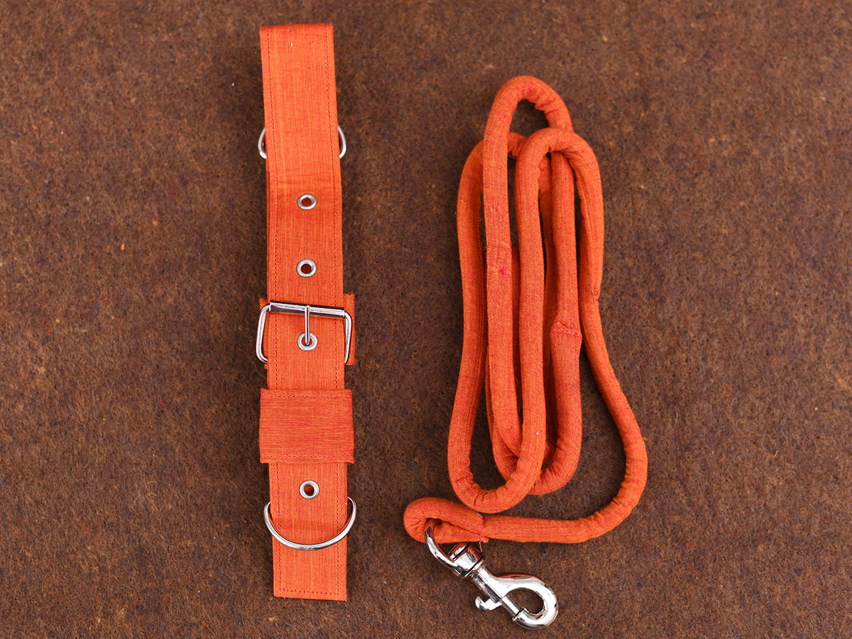 Rust Orange Plain Cotton Dog Collar With Rope Set