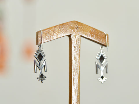 Geometric Design Oxidised Pure Silver Hook Earrings