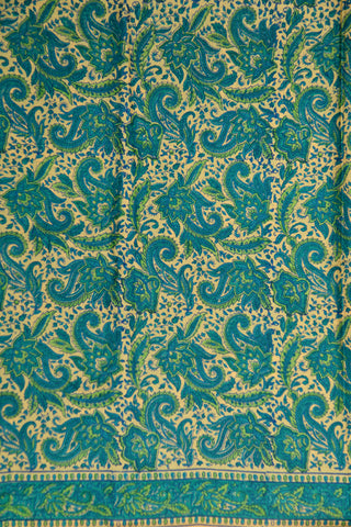Paisley Floral Design Cream And Teal Green Printed Silk Saree