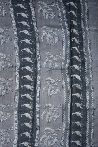 Allover Birds Printed Taupe Grey Tussar Silk Saree