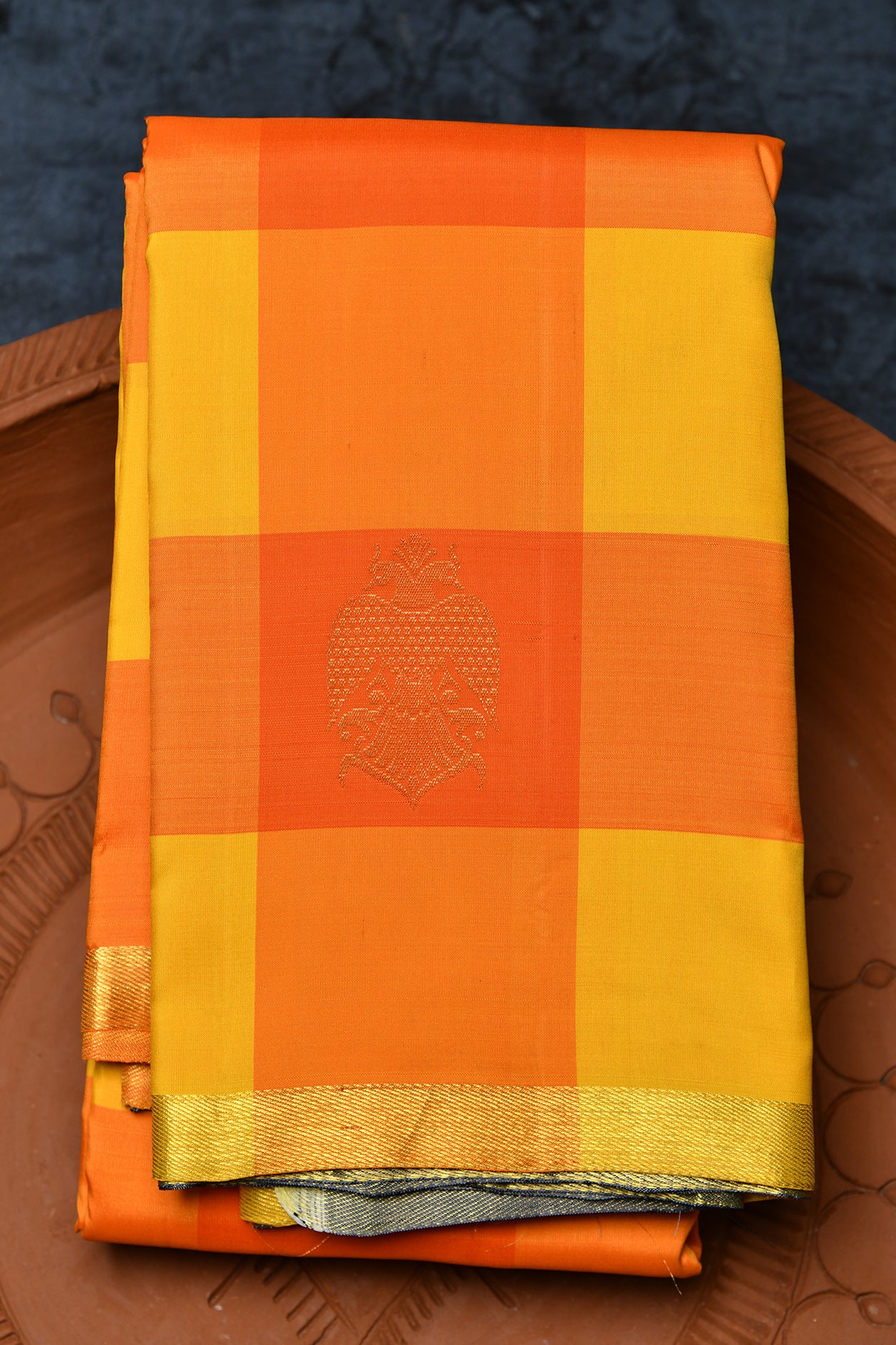 Small Zari Border With Checks And Iruthalai Pakshi Buttis Yellow And Orange Kanchipuram Silk Saree