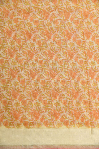 Thread Work Chevron Border With Botanical Digital Printed Cream And Peach Orange Linen Cotton Saree