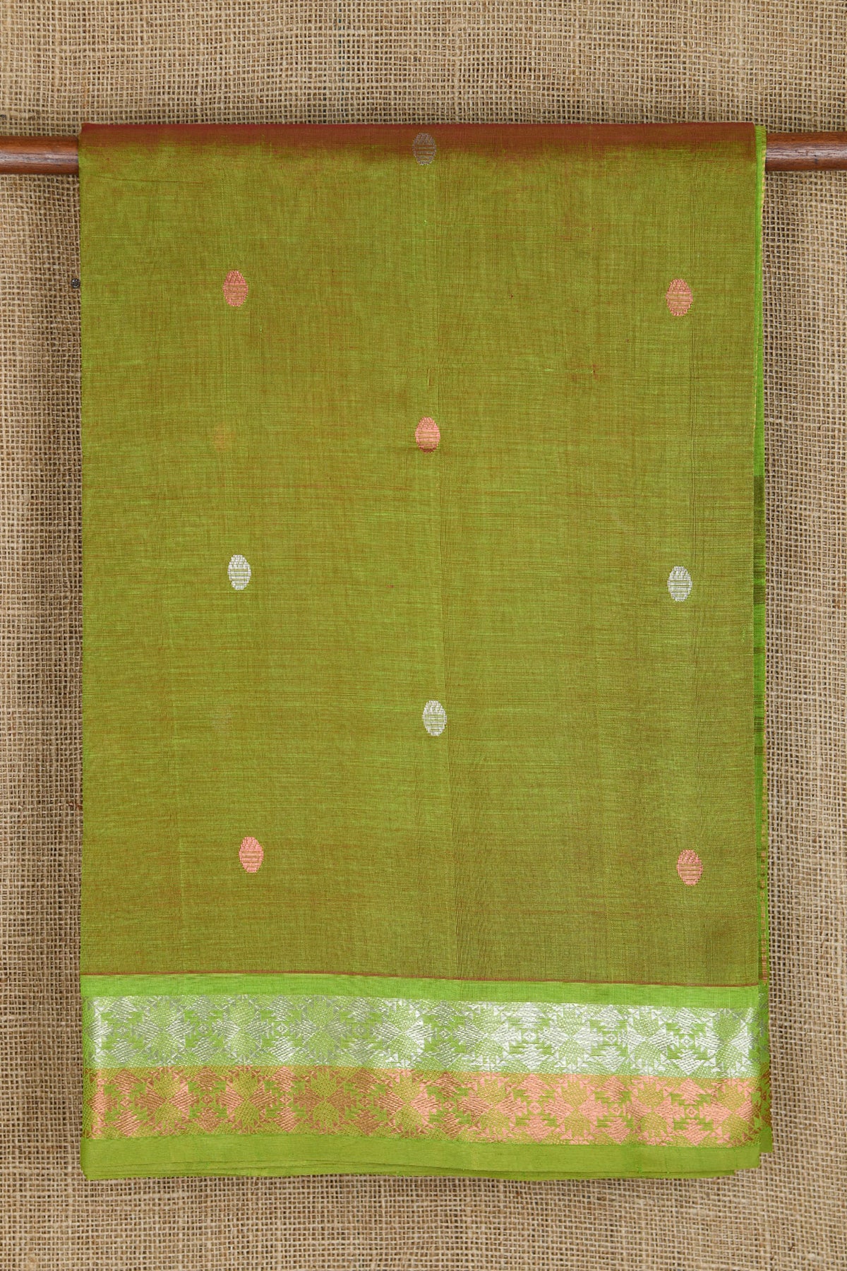 Traditional Border With Zari Dots Mehandi Green Silk Cotton Saree