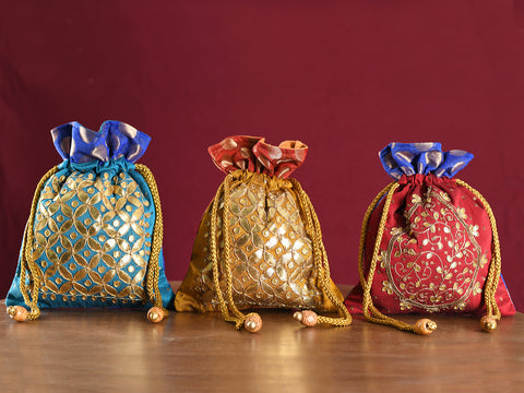 Assorted Set Of 3 Embroidered And Chumky Work Potli Bags