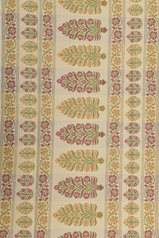 Thread Work Floral Border With Buttis Cream Color Banaras Cotton Saree