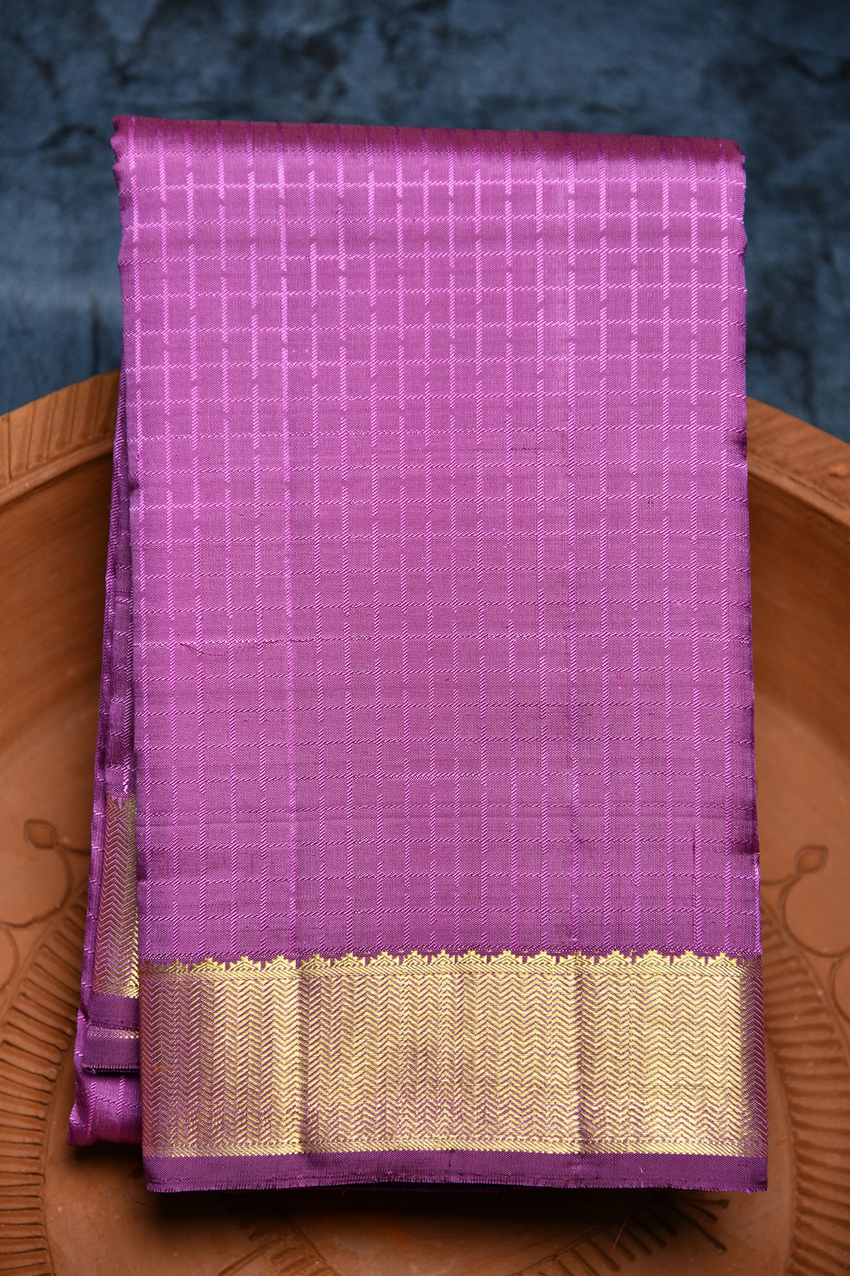 Chevron Border Checked  Purple Kanchipuram Silk Saree