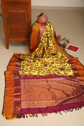 Digital Printed Botanical Design Lemon Yellow Kanchipuram Silk Saree