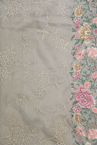 Embroidered Floral Design Pastel Grey Organza Saree