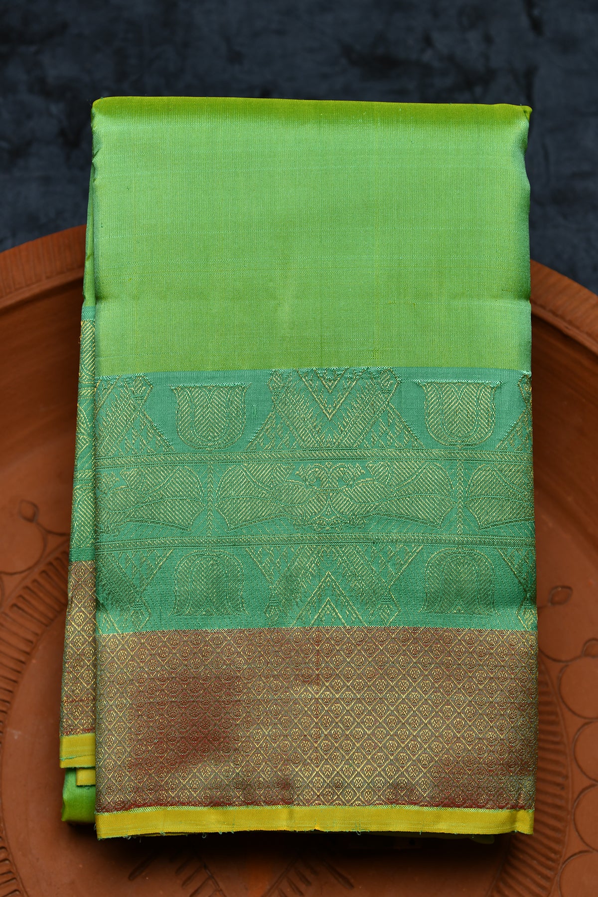 Plain Pear Green With Mint Green And Rust Traditional Border Kanchipuram Silk Saree