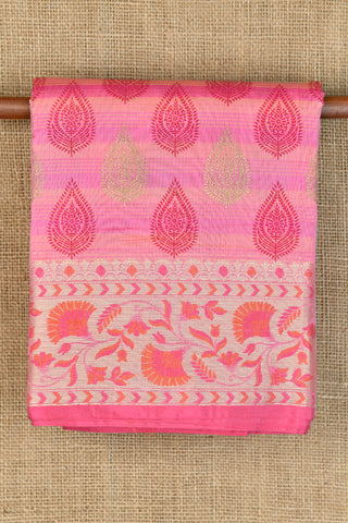 Thread Work Border With Printed Buttis Rose Pink Chanderi Cotton Saree