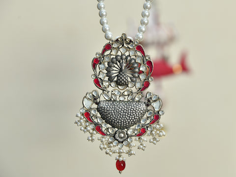 Intricate Peacock Design Red And White Kundan Stones Pendant With Long Pearl Chain