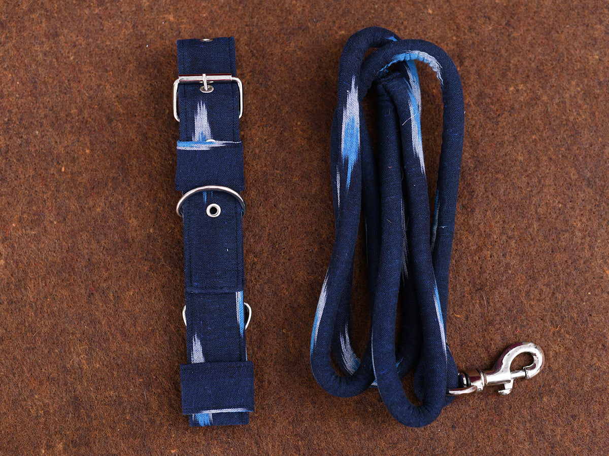 Navy Blue Cotton Ikat Dog Collar With Rope Set