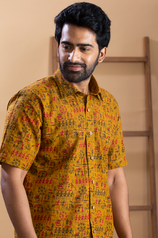 Warli Printed Peanut Brown Cotton Shirt With Dhoti Set