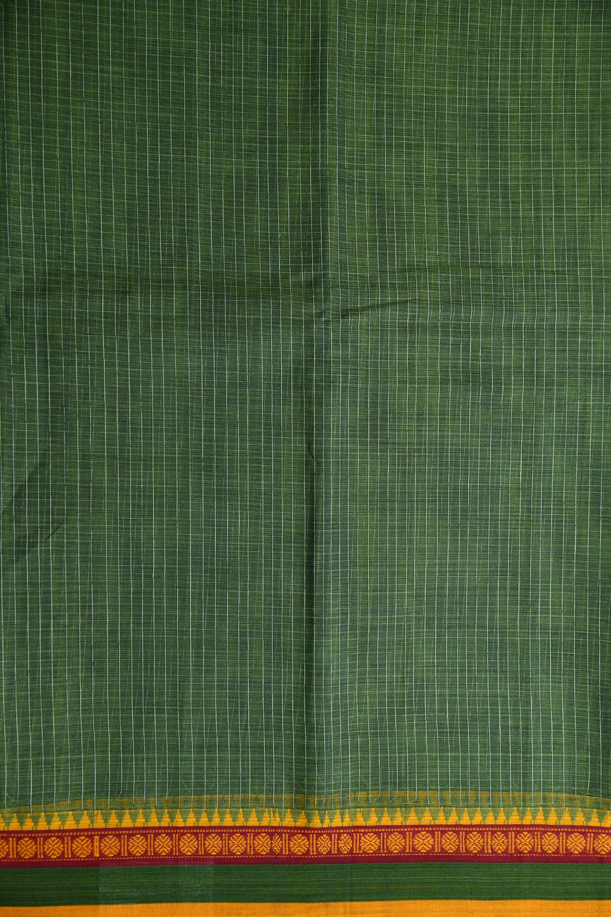 Traditional Thread Work Border With Checks Fern Green Semi Gadwal Cotton Saree