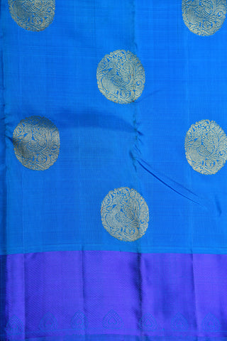 Thread Work Big Border With Peacock Butta Azure Blue Kanchipuram Silk Saree