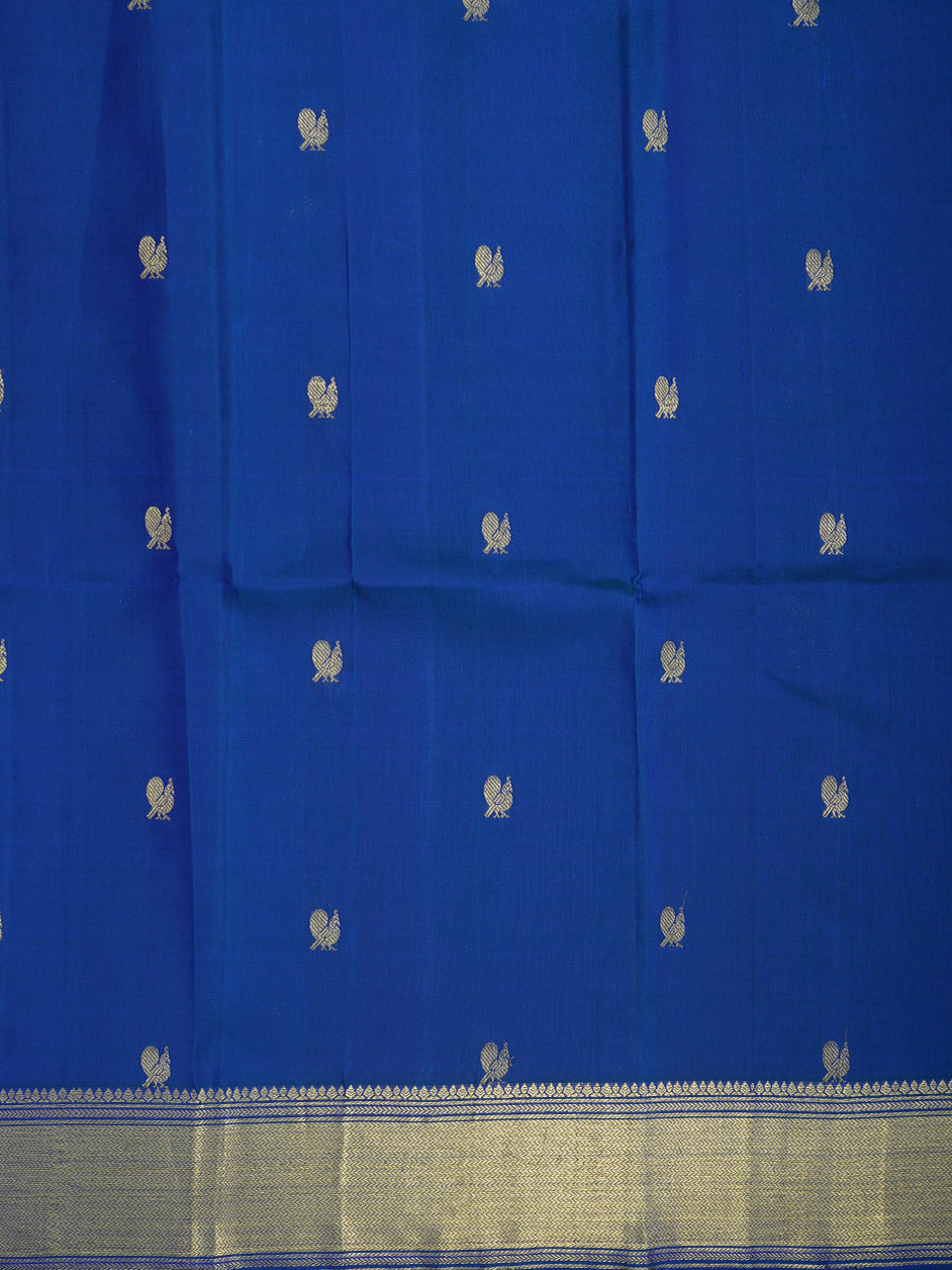 Gold Zari Peacock Motifs With Chevron Design Border Peacock Blue Kanchipuram Silk Unstitched Blouse Material