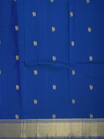 Gold Zari Peacock Motifs With Chevron Design Border Peacock Blue Kanchipuram Silk Unstitched Blouse Material
